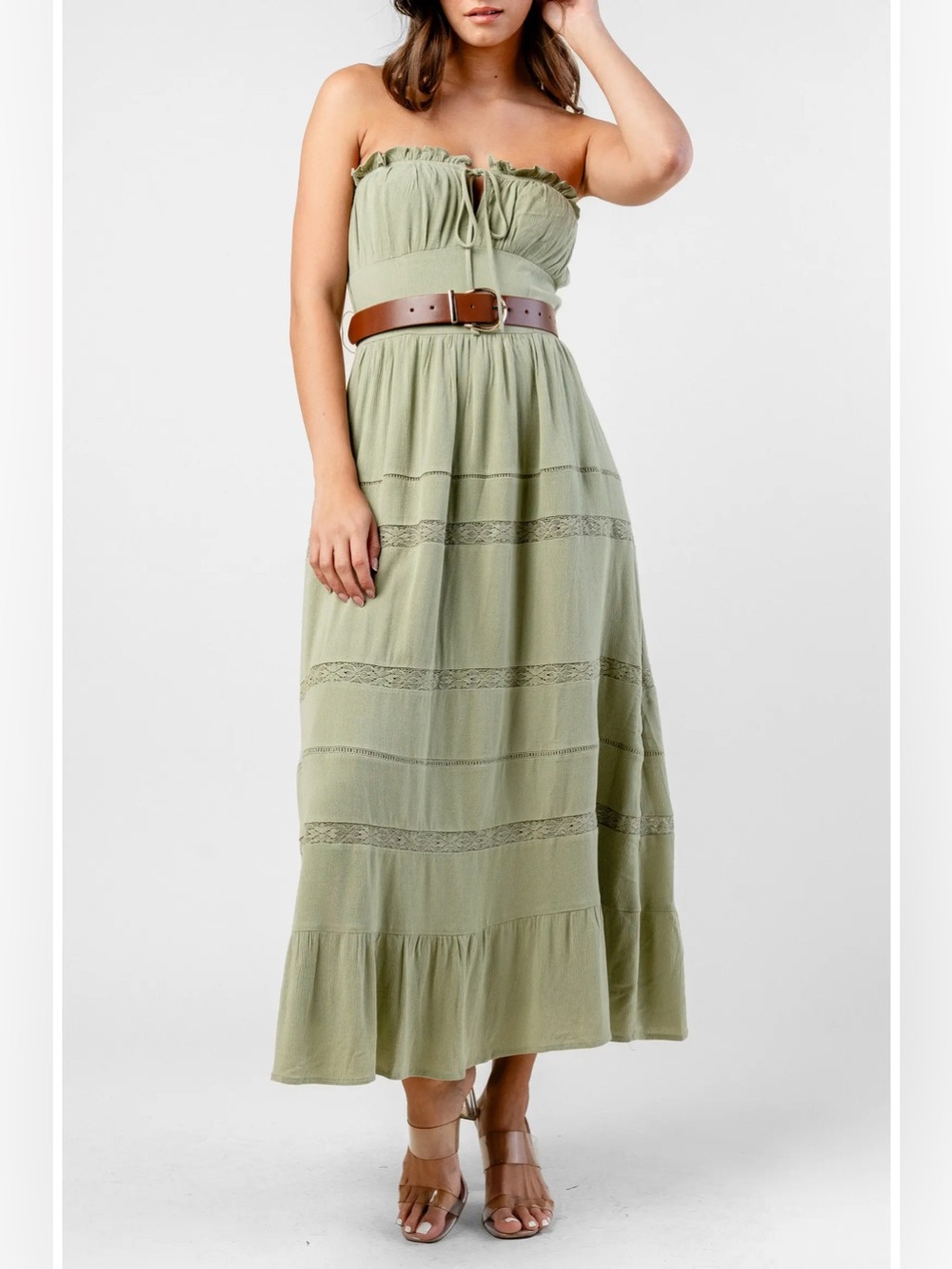 Beivy Strapless Long Crepe Dress in Sage